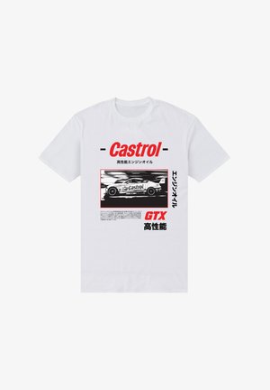 Camiseta blanca con el logo de Castrol en rojo y negro, un gráfico de un coche de carreras en blanco y negro, y texto en japonés relacionado con el aceite de motor GTX.