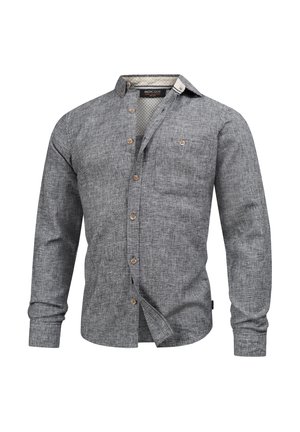 Chemise grise à boutons et manches longues, en tissu texturé, avec une poche poitrine et des accents en bois. Coupe décontractée avec un col.