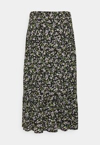 Gonna nera con motivo floreale e orlo arricciato, decorata con piccoli fiori viola e verdi su tessuto leggero. Vita elastica.