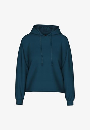 Teal Pullover-Hoodie mit Kordelzug-Haube, langen Ärmeln und gerippten Bündchen. Hergestellt aus weichem Stoff mit einer lockeren Passform.