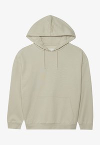 Lys beige hættebluse med en frontlomme, snore og en afslappet pasform. Blødt stof med ribbede manchetter og kant. Simpelt, sømløst design.