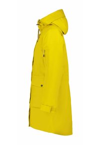 Geel waterdichte parka met capuchon, voorzijde met rits en zijzakken. Gemaakt van gladde stof, voorzien van verstelbare mouwen en een strak design.