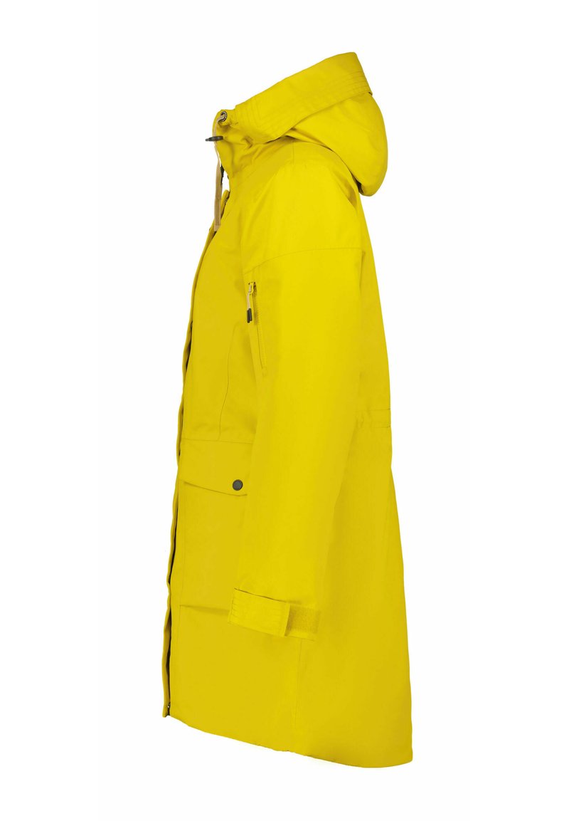 Geel waterdichte parka met capuchon, voorzijde met rits en zijzakken. Gemaakt van gladde stof, voorzien van verstelbare mouwen en een strak design.