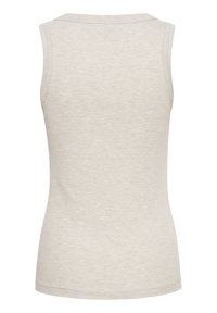 Sleeveless, light grey tank top with a ribbed texture and a scoop neckline. No visible seams on the back; fitted design.