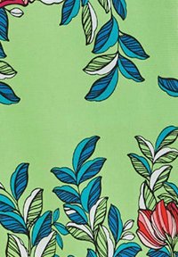Fabric with a light green background featuring large, colorful leaves in blue and white, alongside red and pink floral accents.