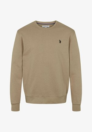 Beige sweatshirt i blød bomuldsblanding, med rund halsudskæring, lange ærmer og et lille sort logo på brystet. Ribstrikkede manchetter og kant.