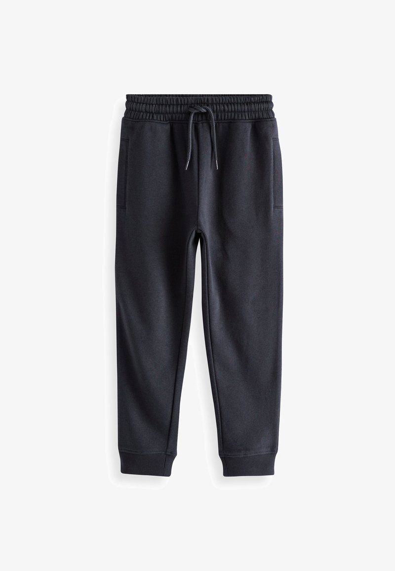 Tumši pelēki sporta bikses, kas izgatavotas no mīksta auduma, ar elastīgu jostasvietu un auklu, divām sānu kabatām un ribotām potīšu apakšdaļām.