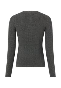 Grijze trui met een gestructureerd breipatroon, lange mouwen en een ronde halslijn. Heeft een aansluitend ontwerp en geribbelde boorden aan de mouwen en zoom.