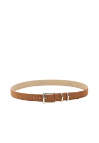 Brown suede belt with a silver metal buckle, featuring multiple holes for adjustment and a smooth, flat design.
