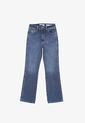 Jean droit en denim bleu taille haute avec bouton devant, fermeture éclair, passants pour ceinture et cinq poches.