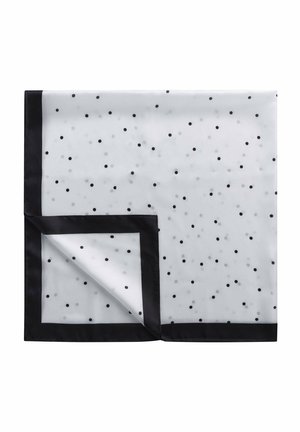 Foulard carré blanc avec petits pois noirs et bordure noire unie, présenté plié à un coin.