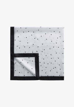 Valkoinen neliöhuivi, jossa on pieniä mustia pilkkuja ja yhtenäinen musta reunus, esitetty taitettuna yhdestä kulmasta.