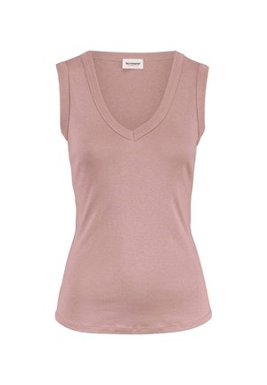 Mouwloze mauve V-hals nauwsluitende top met geribbelde rand en een klein merkembleem aan de binnenkant van de halslijn.
