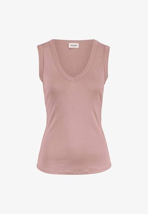 Ärmelloses, mauvefarbenes, tailliertes Top mit V-Ausschnitt, geripptem Saum und einem kleinen Markenetikett an der Innenseite des Halsausschnitts.