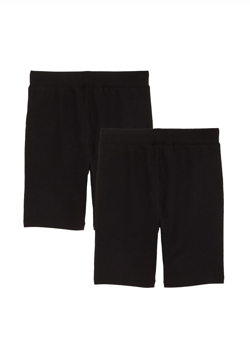 Črne bombažne kratke hlače, ki se ponašajo z gladko teksturo, elastičnim pasom in dolžino do kolen. Vključuje dva enaka para kratkih hlač.