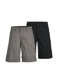 Cargo shorts in gray and black. Made of cotton with a smooth texture, featuring pockets on each side and a button closure.