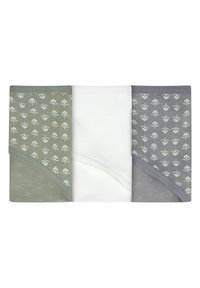 Trzy pary bielizny: oliwkowa z kwiatowym wzorem, jednolita biała oraz jasnoszara z kwiatowym wzorem. Mieszanka bawełny, miękka tekstura, elastyczne pasy.