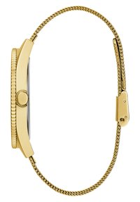 Goldfarbene Uhr mit rundem Zifferblatt, strukturiertem Lünette und geflochtenem Metallarmband. Verfügt über eine einzelne Krone und einen Verschluss.