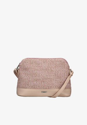 Petit sac bandoulière tissé rose avec garniture en cuir beige, sangle ajustable, fermeture éclair supérieure et logo de la marque en métal à l'avant.