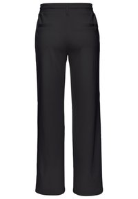 Black trousers with a wide-leg design, smooth fabric texture, and two rear pockets with decorative stitching details.