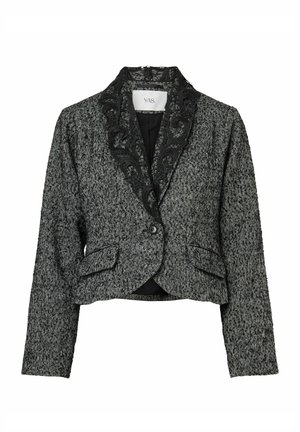 Kort jakke lavet af struktureret gråt stof med en sort paisleyblonde krave, der har en enkelt knaplukning og forlommer.