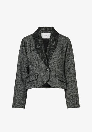 Kort jakke lavet af struktureret gråt stof med en sort paisleyblonde krave, der har en enkelt knaplukning og forlommer.