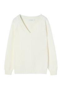 Pulover cu decolteu în V din tricot moale de crem, cu manșete și tiv ribă. Umeri rotunzi cu accenturi de tricotaj cu model de cablu pe mâneci.