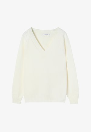 V-neck sweater in soft cream knit, featuring ribbed cuffs and hem. Rounded shoulders with cable-knit accents on sleeves.