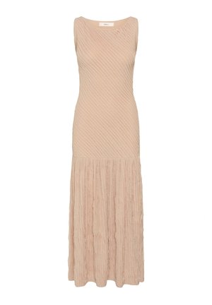 Ärmelloses, hellrosa Midikleid mit diagonaler Strukturmusterung am Oberteil und gerafften, vertikalen Falten am Rock.