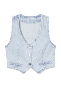 Gilet rayé bleu clair en denim, avec un décolleté en V, cinq boutons et deux poches avant avec des ourlets pointus.