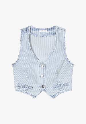 Gilet a righe blu chiaro in denim, con scollo a V, cinque bottoni e due tasche frontali con orli appuntiti.