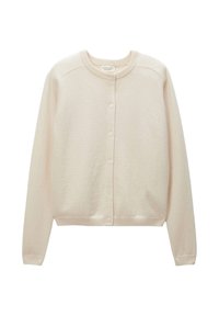 Cardigan rose clair en matériau doux, présentant un col rond, des manches longues et une fermeture à boutons à l'avant avec des boutons assortis.