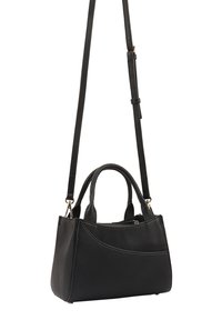 Zwarte leren handtas met een gestructureerde vorm, dubbele bovenhandvaten en een verstelbare schouderriem. Heeft subtiele stiksels en een ritsluiting.