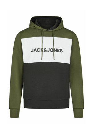 Hooded sweatshirt featuring a color-block design in olive green, white, and black. Includes drawstrings and logo text in bold black.