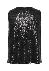 Sort pailletkappe med et løst design, der reflekterer lyset med glitrende sølv accenter, glat tekstur og åben ryg.