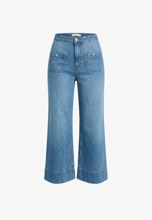 Pantaloni in denim blu a vita alta con gamba larga, chiusura frontale con bottoni e due tasche applicate frontali con bottoni.