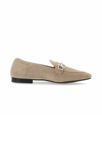 Beige suede loafers with a pointed toe design, featuring silver hardware detail on the upper and a low black heel.