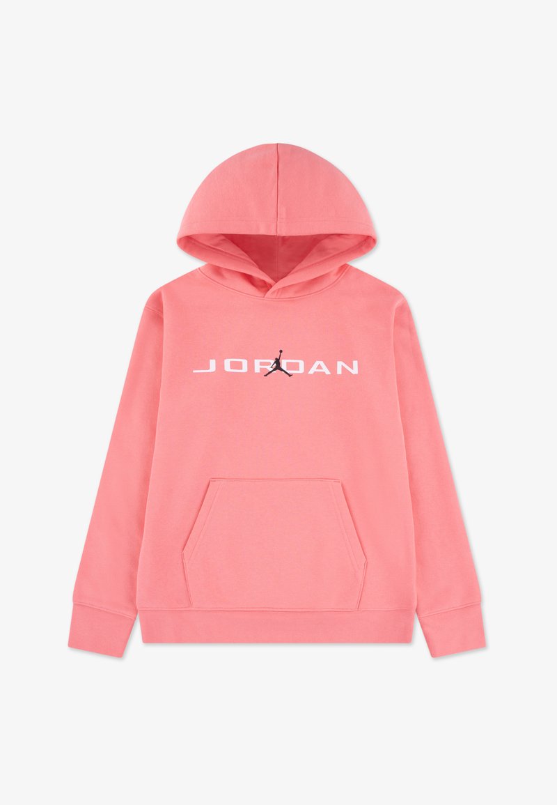 Ροζ φούτερ με κουκούλα, με μπροστινή τσέπη, λευκή επιγραφή "JORDAN" και μαύρο εικονίδιο στο στήθος. Μαλακή υφή υφάσματος.