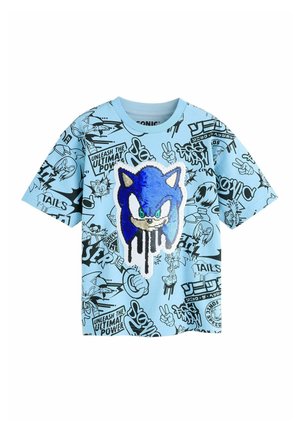 Light blue short-sleeve shirt featuring blue sequined Sonic the Hedgehog face and black comic-style sketches and text all over.