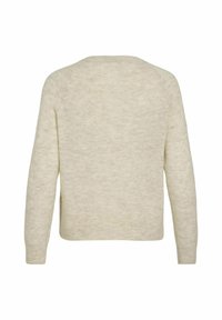Pull en maille à manches longues de couleur crème avec un col rond et des poignets et un ourlet côtelés, vu de dos sur un fond blanc.