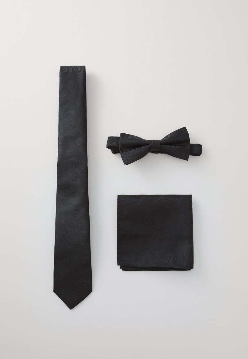 Black tie set featuring a patterned tie, matching bow tie, and pocket square, all with a subtle paisley texture.