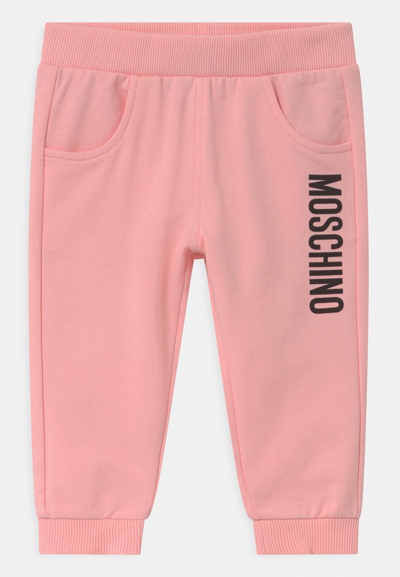 Pantalon de jogging rose pour tout-petit avec taille et poignets élastiques, deux poches avant, et logo MOSCHINO vertical noir sur la jambe gauche.