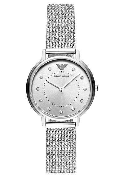 Silberne Emporio Armani Uhr mit Mesh-Armband, rundem Zifferblatt, Kristall-Stundenmarkierungen und zwei Zeigern, die 10:08 anzeigen.