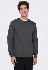 Grå sweatshirt med rund halsudskæring, lange ærmer, ribbede manchetter og linning, lavet af et blødt, struktureret stof. Bæres med en hvid skjorte under.