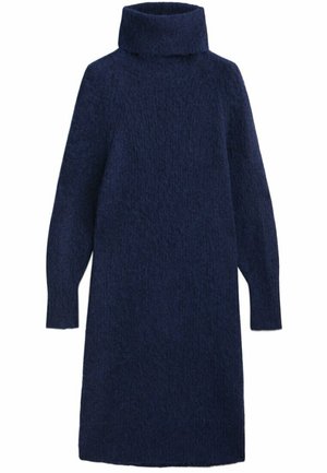 Granatowa, długi rękaw, dzianinowa sukienka z golfem o miękkiej, puszystej fakturze i prostym kroju.