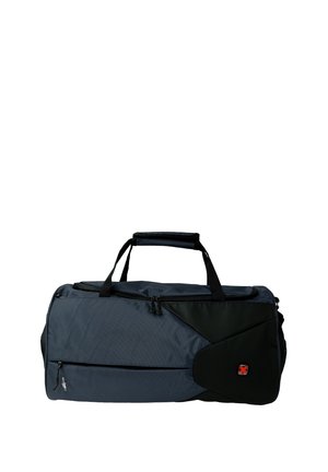 Black and dark gray duffel bag made of durable fabric, featuring dual handles, a zippered pocket, and a distinctive angled design element.