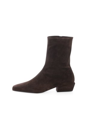 Dark brown suede ankle boot with a low block heel and pointed toe, shown from the side on a white background.