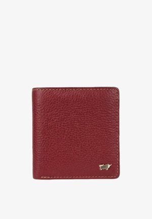 Portafoglio quadrato in pelle testurizzata bordeaux con cuciture beige e un piccolo emblema argentato a forma di toro nell'angolo in basso a destra, chiuso.