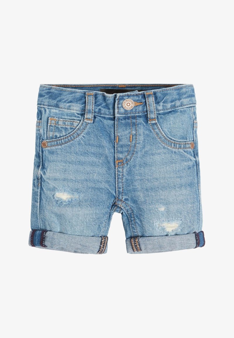 Short en jean bleu clair avec revers roulés, bouton devant, poches et petites zones usées sur les deux jambes.