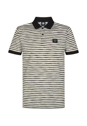 Tricou polo cu dungi în dungi orizontale alternative negre și crem, guler negru și buzunar frontal cu detaliu logo.